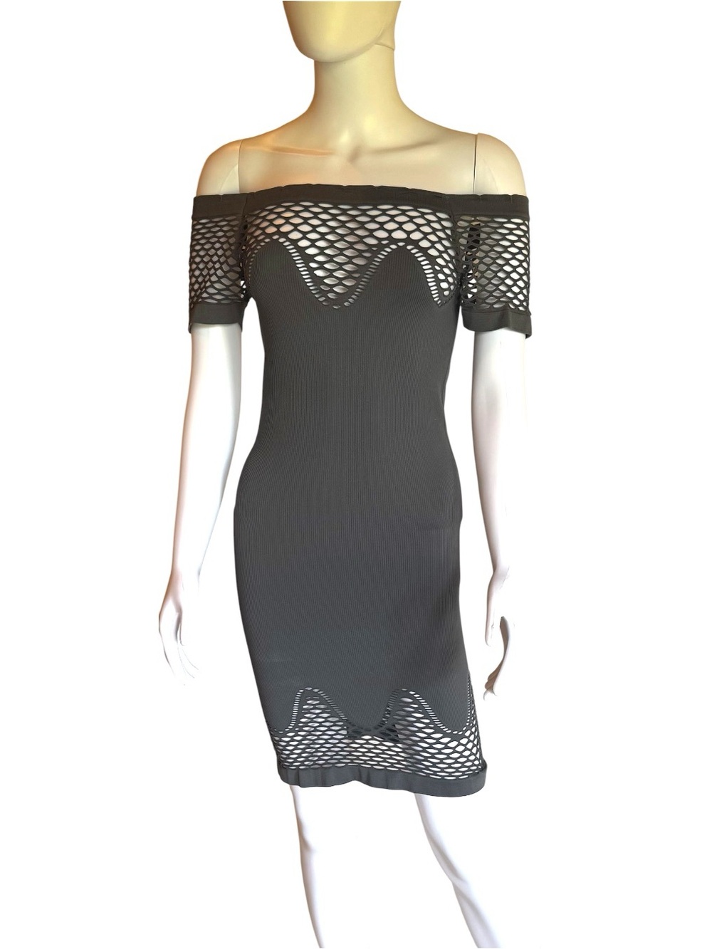 Off-Shoulder Gray Mesh-Trim Bodycon Mini Dress